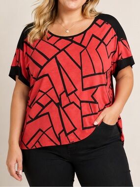 Geometric Print Hi-Low Blouse Coral Pink & Black Overlay Top PLUS Moda 3X